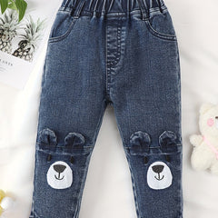 Baby Girls Cartoon Embroidery Elastic Waist Jeans Denim Pants