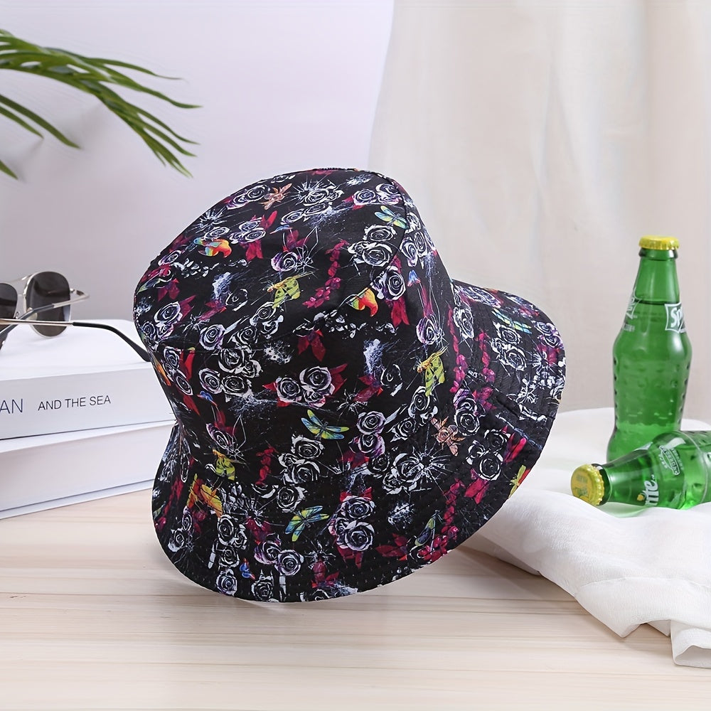 Rose Flower Animal Pattern Printing Fisherman Hat Outdoor Casual Double sided