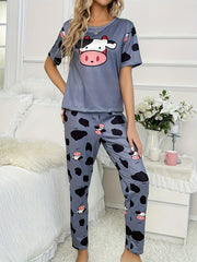 Cow Print Pajama Set Short Sleeve Crew Neck Top & Pants