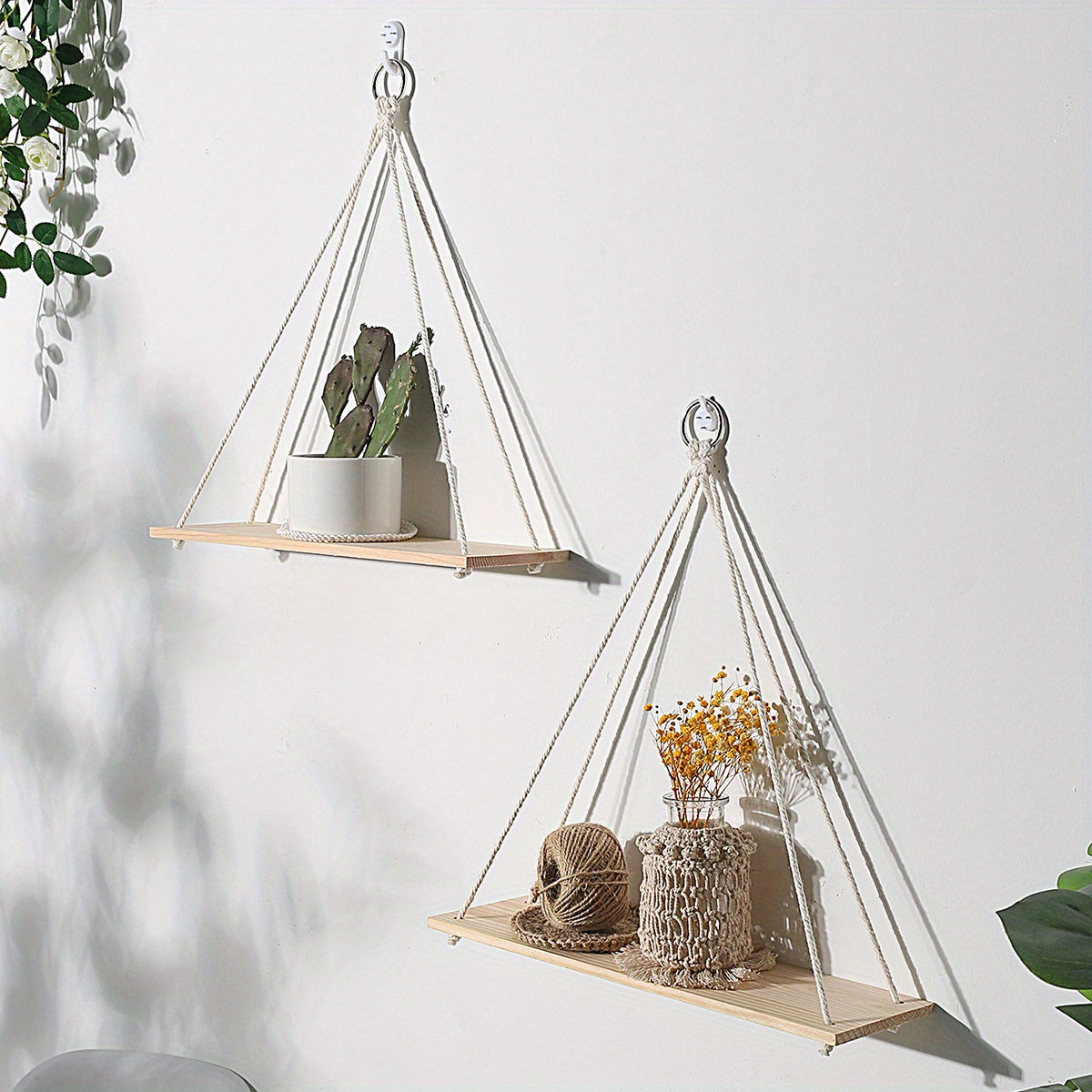Bohemian Wooden Wall Hanging Shelf - Rustic Macrame Plant Shelf