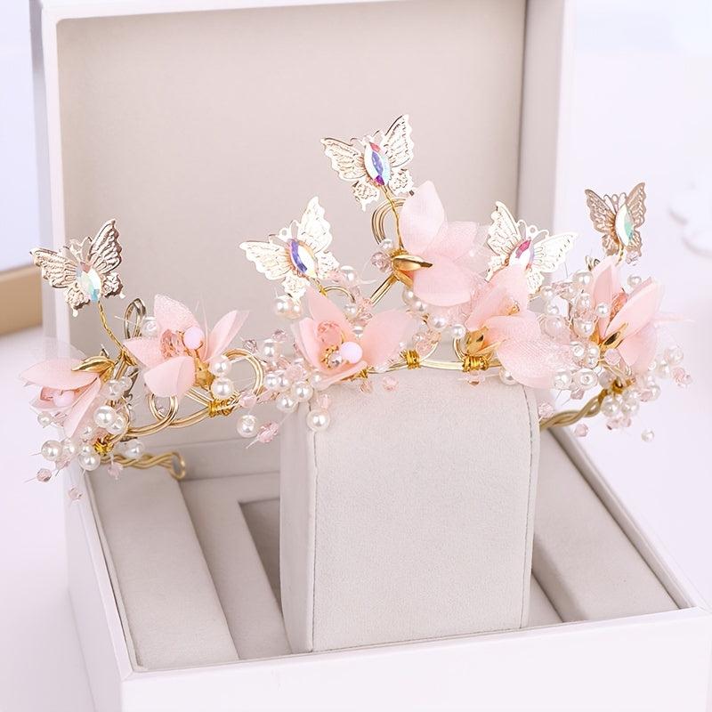 Golden Crystal Faux Pearl Butterfly Crown Tiara Headband for Bride