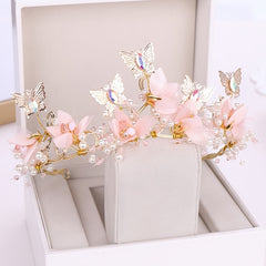 Golden Crystal Faux Pearl Butterfly Crown Tiara Headband for Bride