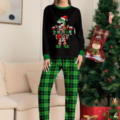 Christmas Dino Print Pajama Set Long Sleeve Top & Plaid Pants Women's Sleepwear