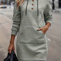 Button Up Hooded Drawstring Sweatshirt Dress