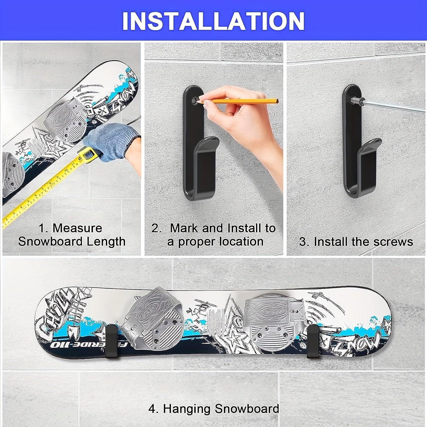 Snowboard Wall Mount Clips 2pcs, Display Rack Hooks