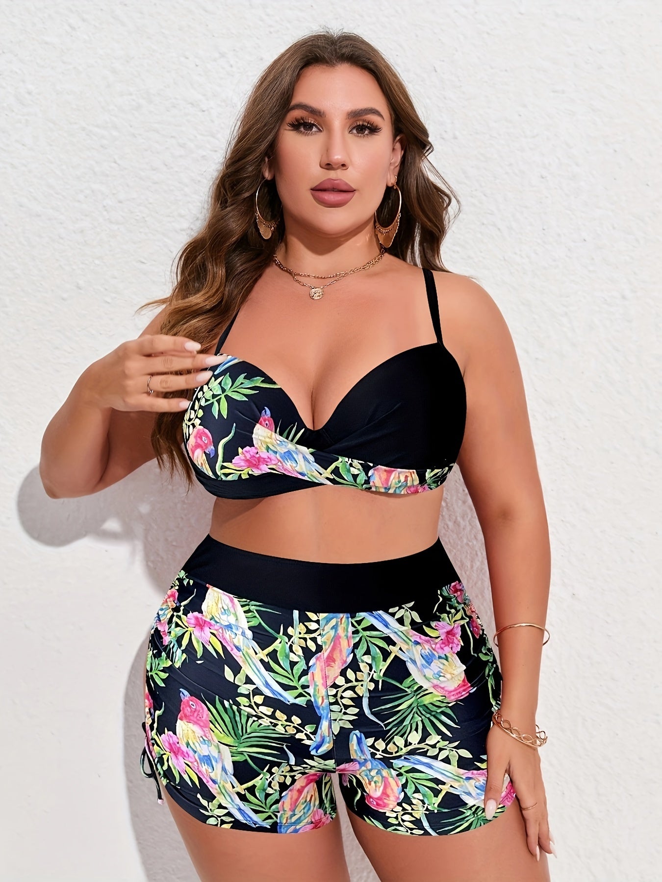 Plus Tropical Print Bikini Set Molded Cup Bra & Lace Up Side Shorts 2 Piece