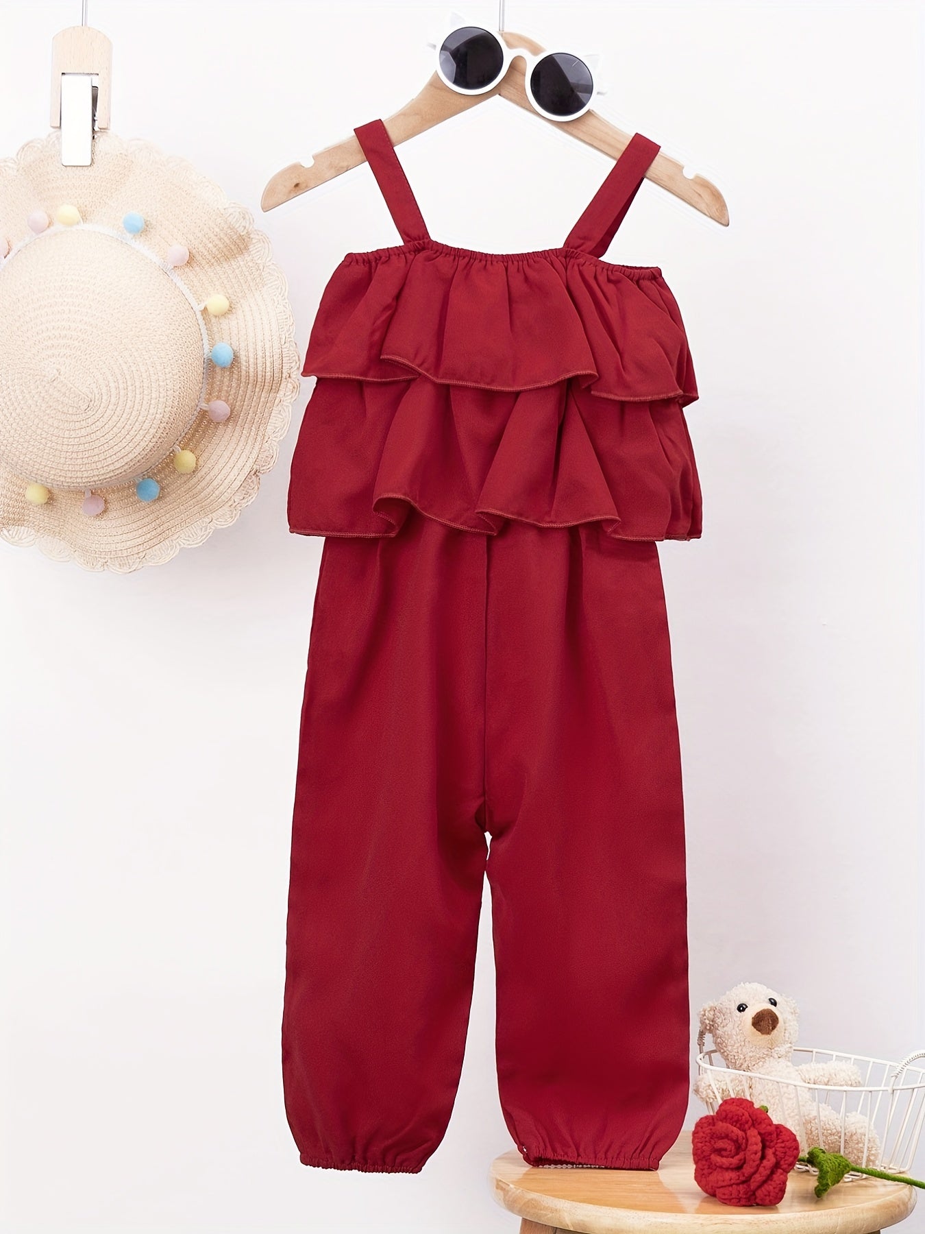 Layered Ruffle Trim Off Shoulder Baby Girls Cami Jumpsuit