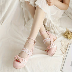 Women's Bowknot Chunky Heels Sweet Strawberry Buckle Strap Shoes