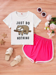 Girls Sloth Print Two Piece Set Short Sleeve T shirt & Sports Shorts