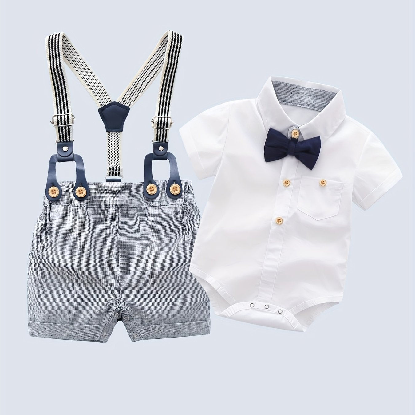 Baby Boys Gentleman Shirt Set With Bow Tie & Suspender Shorts