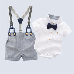 Baby Boys Gentleman Shirt Set With Bow Tie & Suspender Shorts