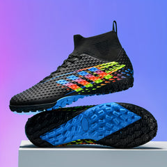 Boy's High Top Striped Football Boots Outdoor Anti skid Lace Up Soccer Cleats