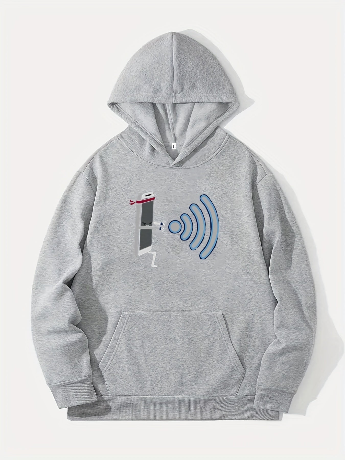 Comic Phone & WiFi Signal Print Hoodie Men's Graphic Pullover Hoodie