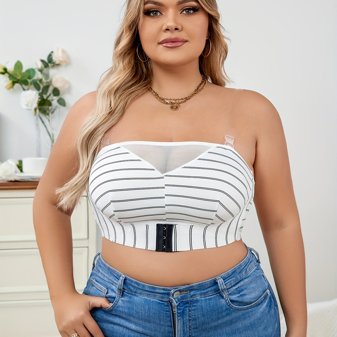 Bra Women's Plus Striped Print Mesh Tube Bralette