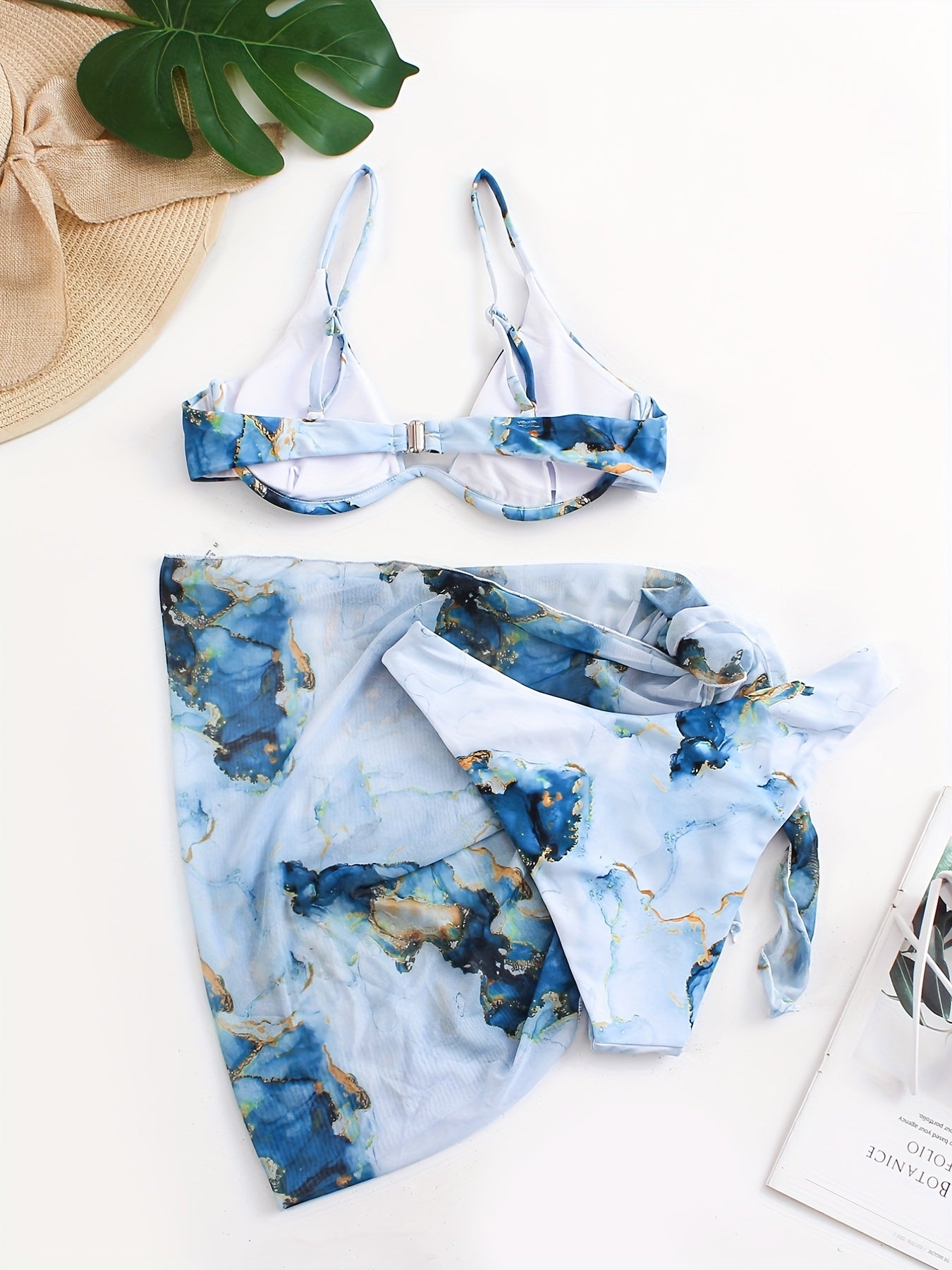 Marble Print Bikini Set with Wrap, Beachwear 3 Piece