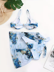 Marble Print Bikini Set with Wrap, Beachwear 3 Piece