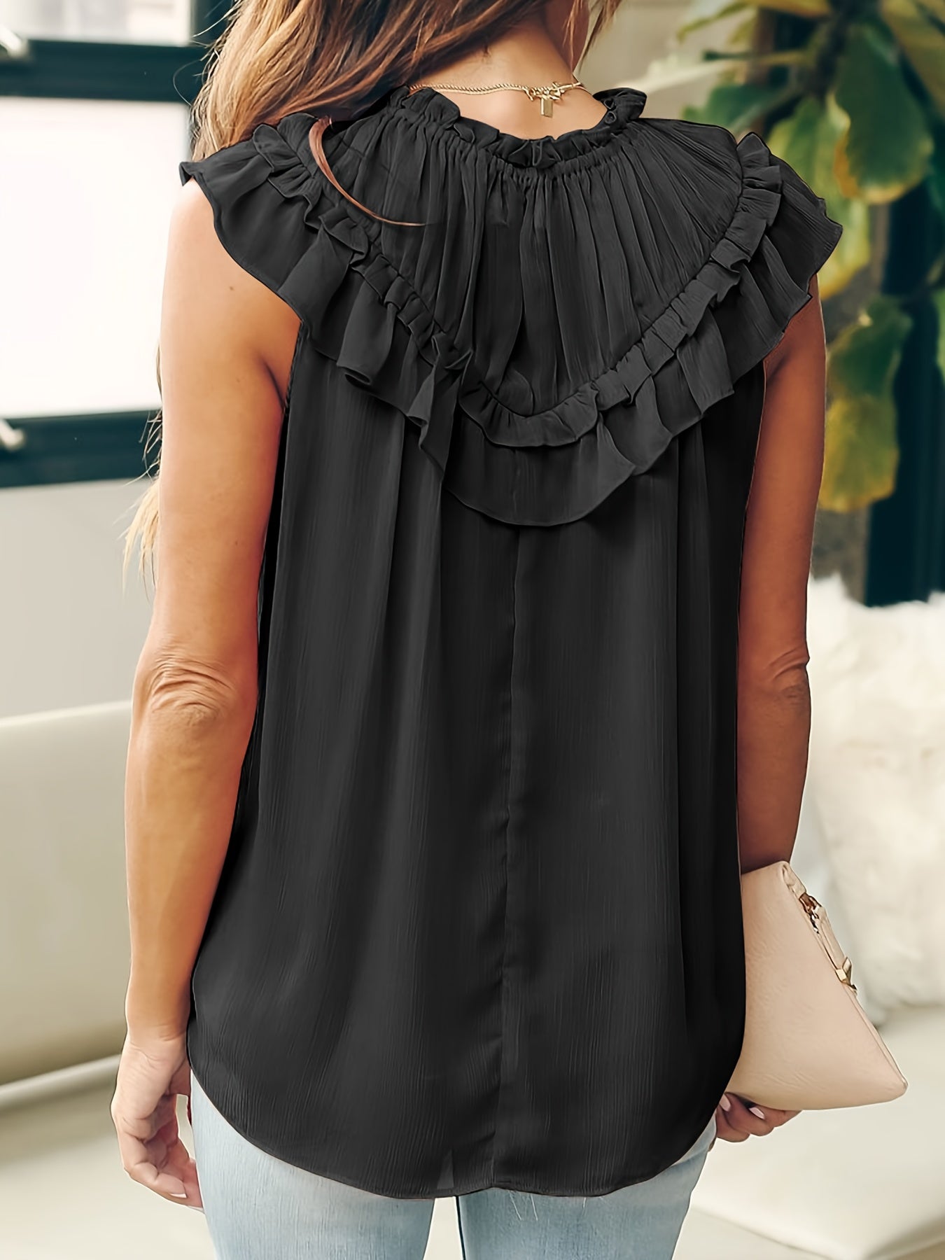 Ruffle Trim Solid Top Sleeveless Casual Summer Women's Clothing