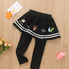 Girls Cartoon Embroidery Fleece Warm Leggings With Stripe Skirt