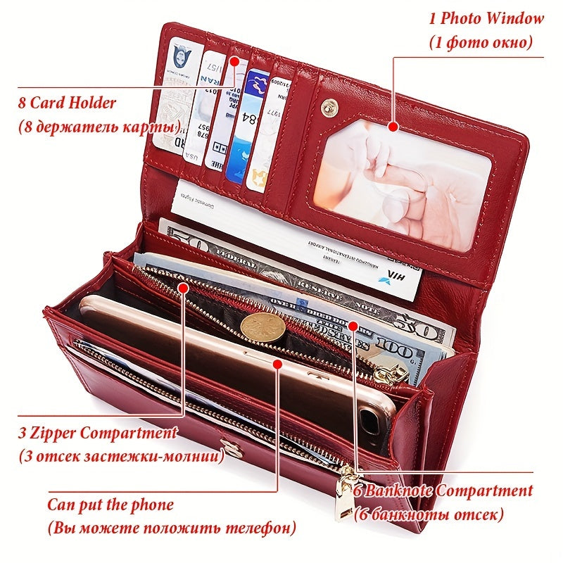 HUMERPAUL Women's RFID Blocking Leather Long Wallet - Rich Red