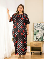 Nightdress: Rose & Dot Print Round Neck Sleep Dress