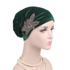Beaded Flower Turban Cap Hat Accessories Turban Hat Velvet Pleated Hood Beanie