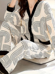 Geometric Print Pajama Set with Long Sleeve Top & Elastic Waistband Pants