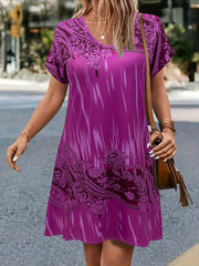 Boho Dress Paisley Print V Neck Stretch Dress