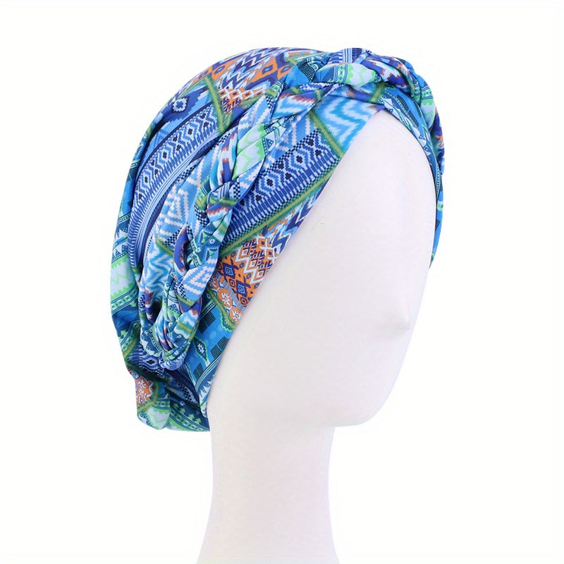Boho Print Braid Turban Cap Women Stretch Hijab Headwrap