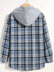 Men's Casual Hooded Shirt Spliced Pattern Buttoned Shirt With Hat