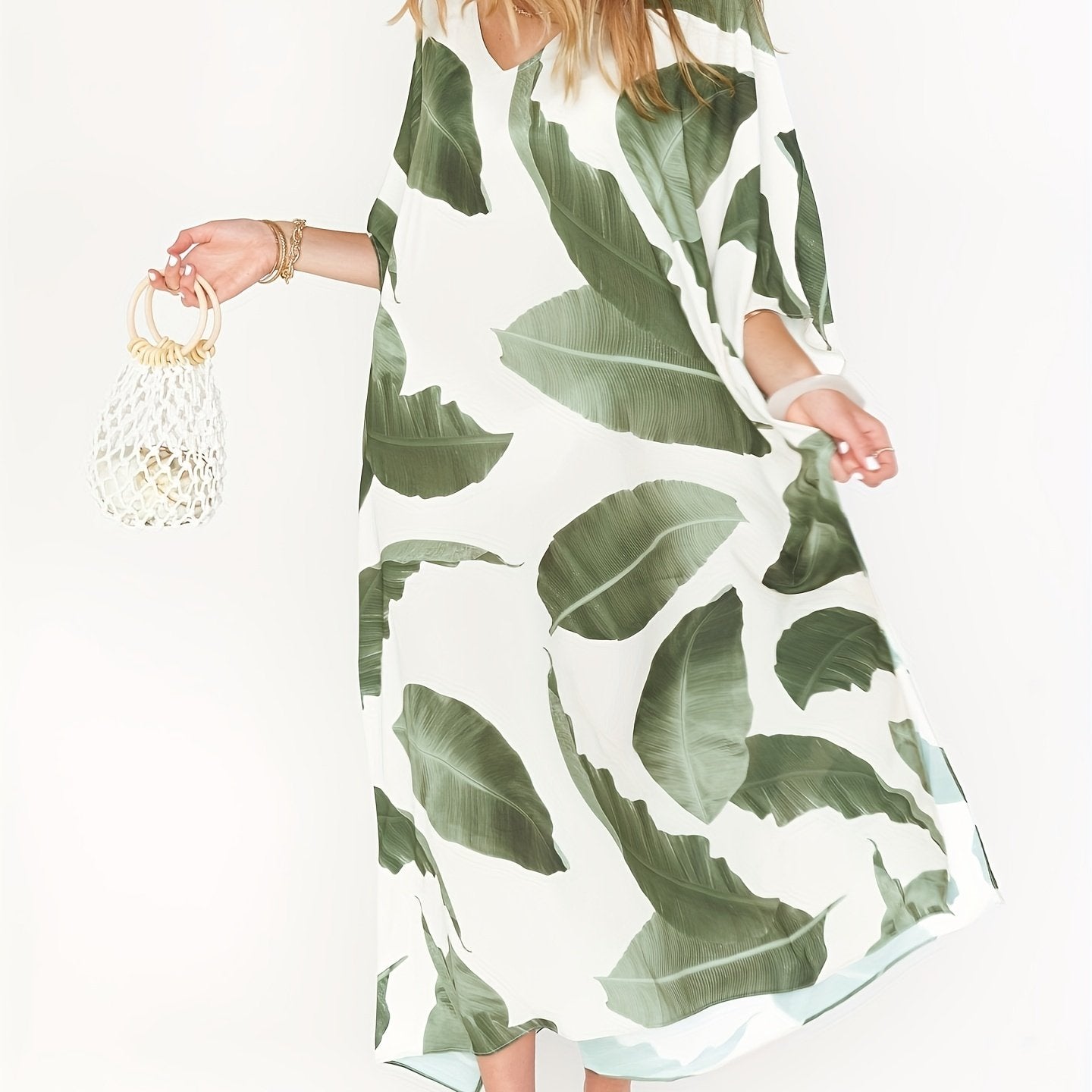 Palm Pattern V Neck Beachdress Loose Kaftan Women's Swimwear