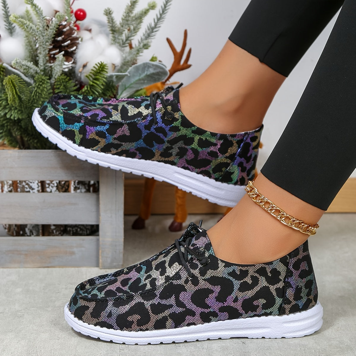 Leopard Printed Lace up Boat Shoes Low Flats Casual Walking Shoes