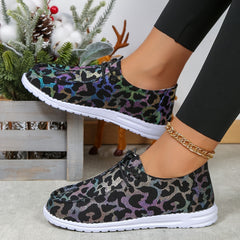 Leopard Printed Lace up Boat Shoes Low Flats Casual Walking Shoes