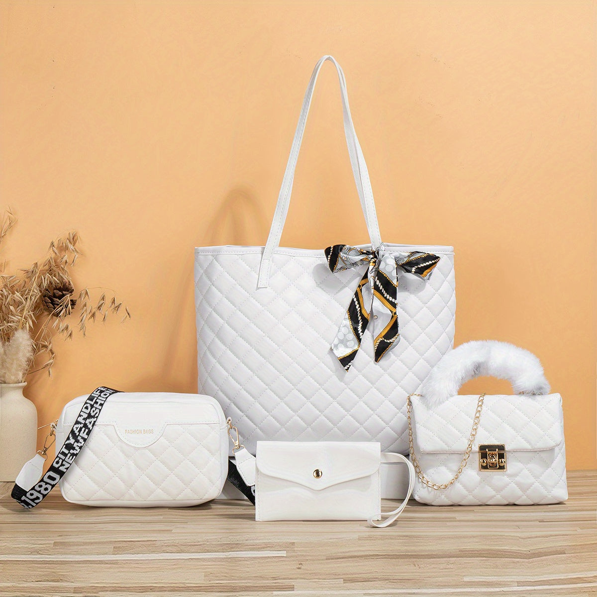 4-Piece Quilted Bag Set: Tote, Chain Bag, Purse, Crossbody w/ Scarf