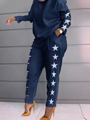 Geo Print Two piece Set Long Sleeve T shirt & High Waist Pants