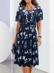 Women's Plus Floral Print Short Sleeve Round Neck Knee Length Dress