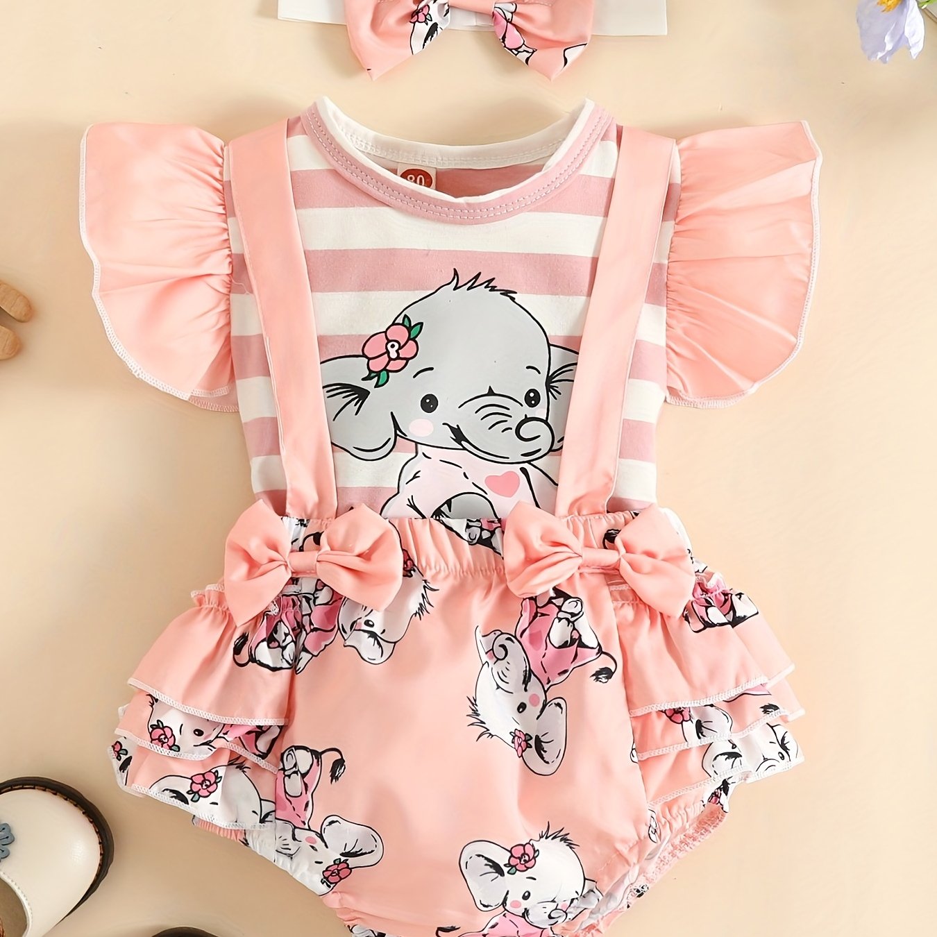 2pcs Baby Girls Lace Sleeves Elephant Top And Skirt Suit