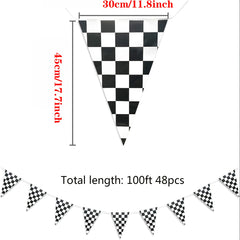 48pcs Checkered Flags & 100FT Pennant Racing Banner Set - Racing Birthday Decor