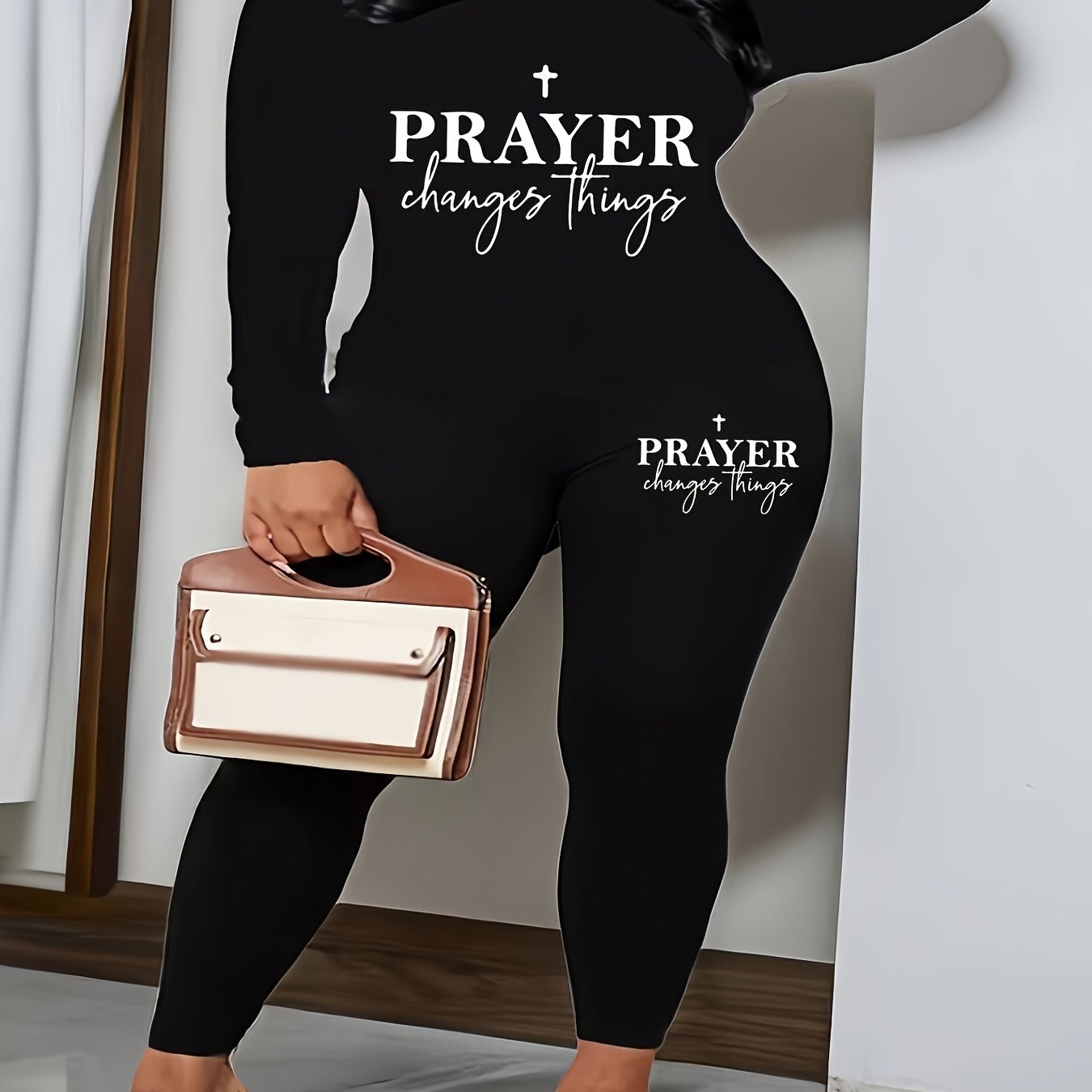 Women's Plus Slogan Print Long Sleeve V Neck Top & Leggings Outfits 2 Piece Set