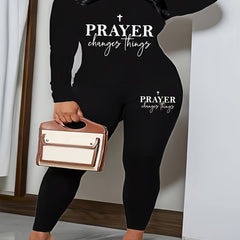 Women's Plus Slogan Print Long Sleeve V Neck Top & Leggings Outfits 2 Piece Set