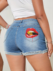 Casual Denim Shorts Women's Plus Mouth Print Ripped