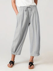 Drawstring Waist Cropped Pants Loose Fit Casual Elastic Trim