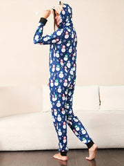 Elk Hooded Pajama Jumpsuit Snowman Print Christmas Pajamas