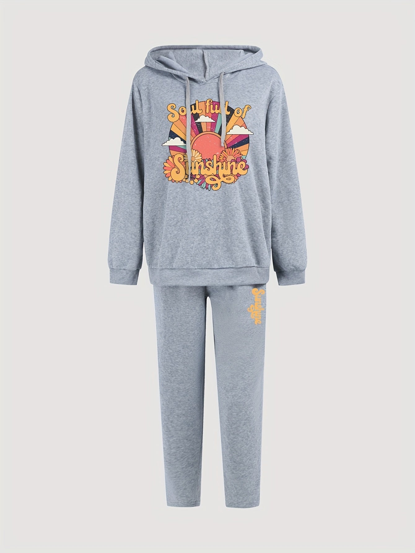 Women's Plus Sun & Daisy Print Hoodie & Sweatpants Outfits Set