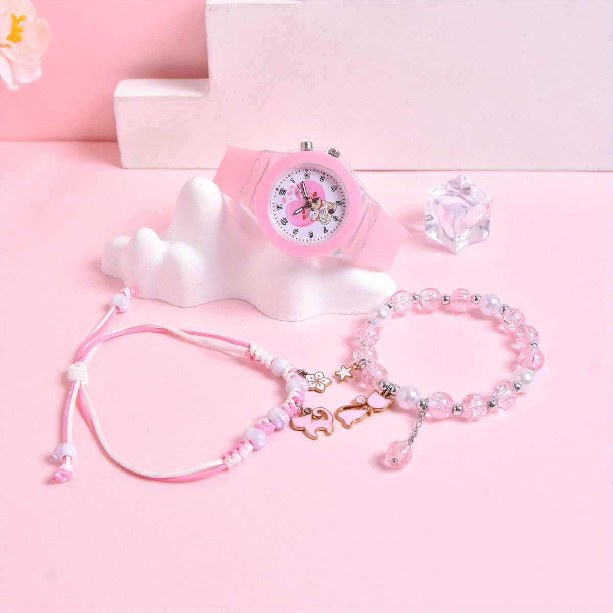 Girls' Cartoon Cat Watch Gift Set with Pendant Bracelet