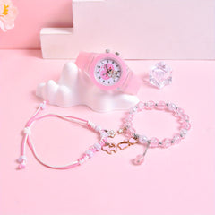 Girls' Cartoon Cat Watch Gift Set with Pendant Bracelet