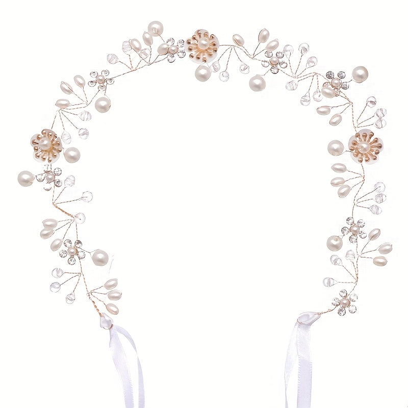 Flower Faux Pearl Crystal Headband Ribbon Wedding Bridal Jewelry