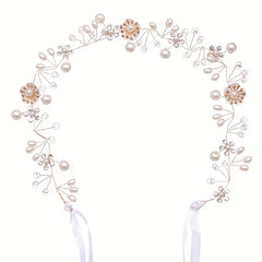 Flower Faux Pearl Crystal Headband Ribbon Wedding Bridal Jewelry