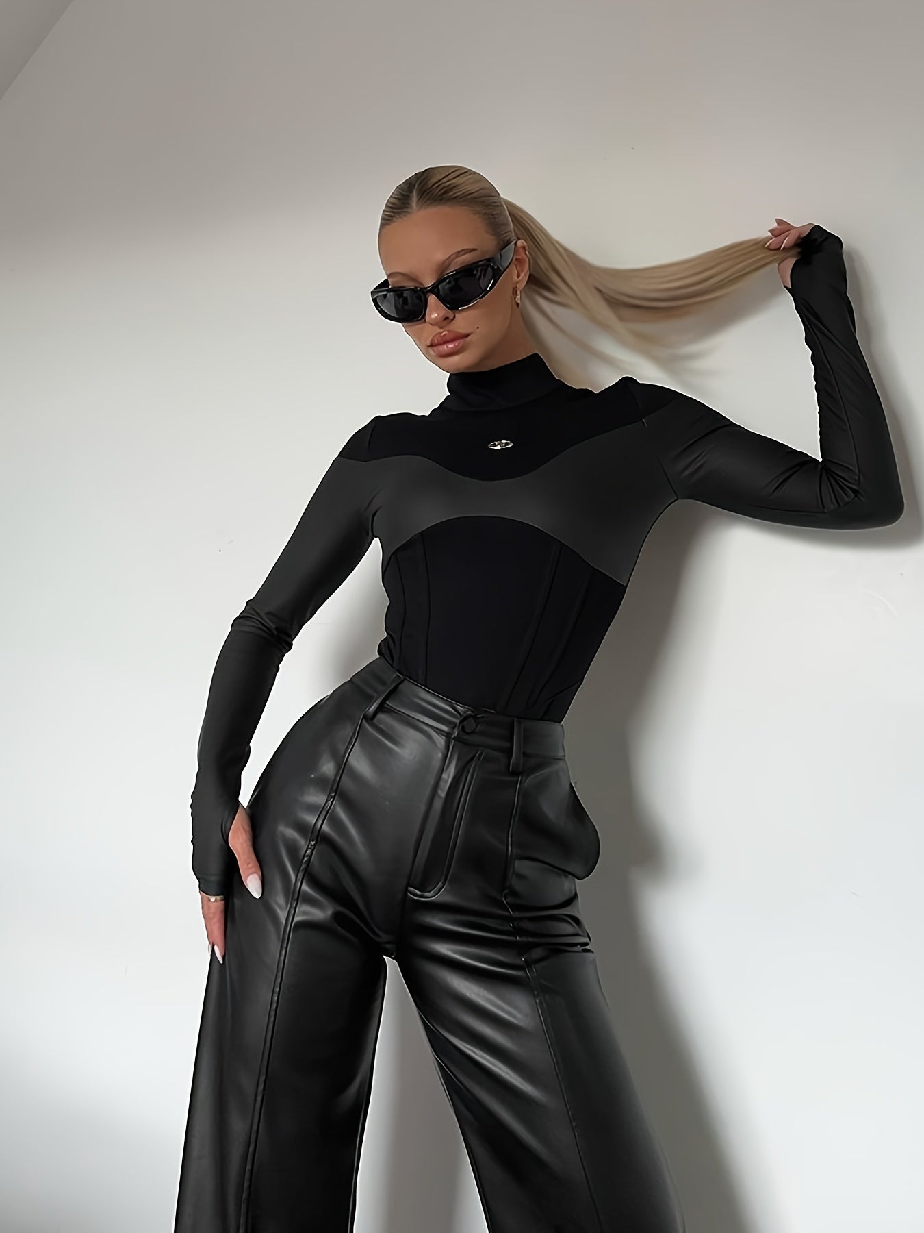 Turtleneck Faux Leather Long Sleeve Bodycon Bodysuit