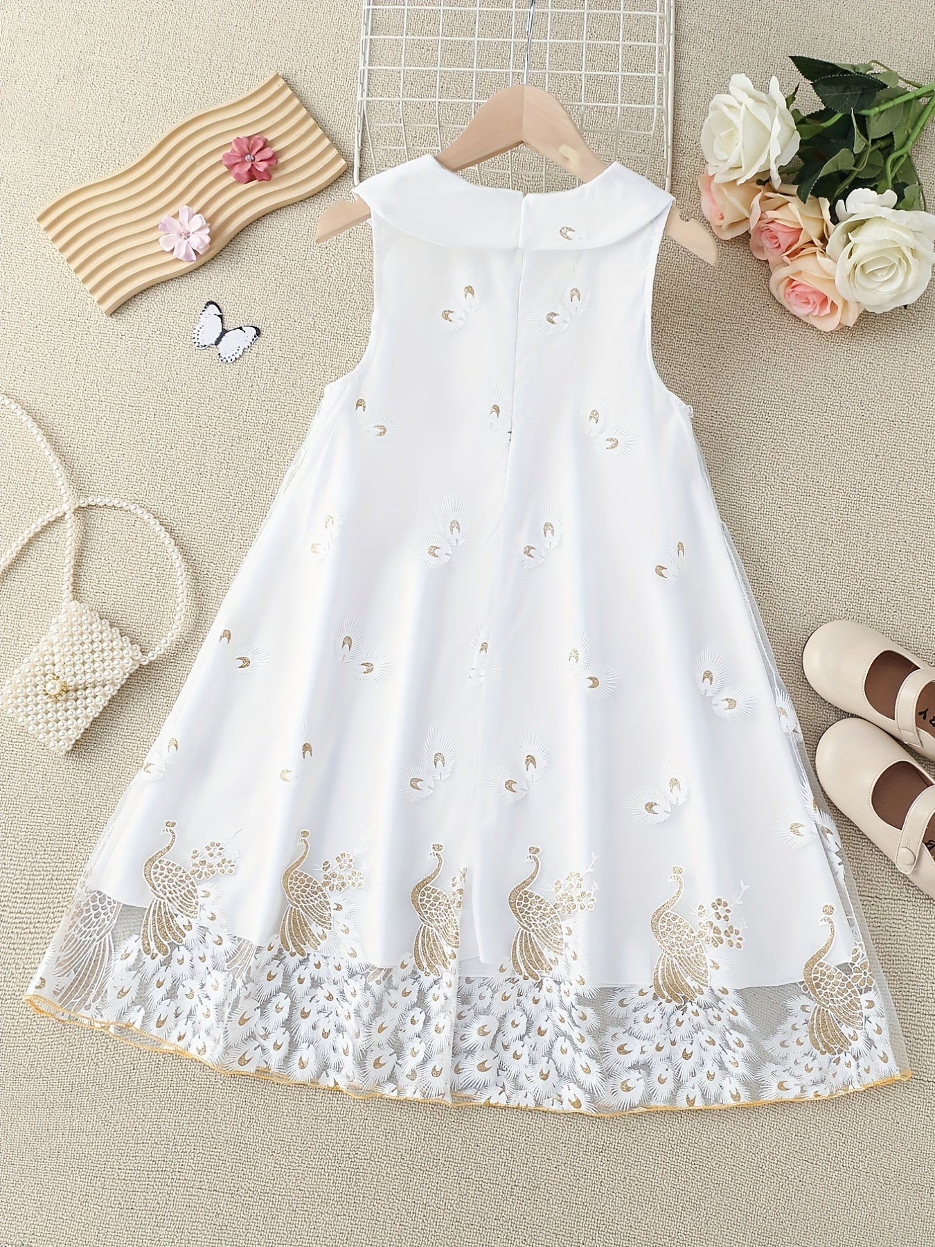 Toddler Girls Peacock & Flower Pattern Mesh Princess Dress