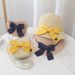 Children's Sun Hat and Bag Set - Straw Hat, Coin Purse, Beach Hat, Messenger Bag